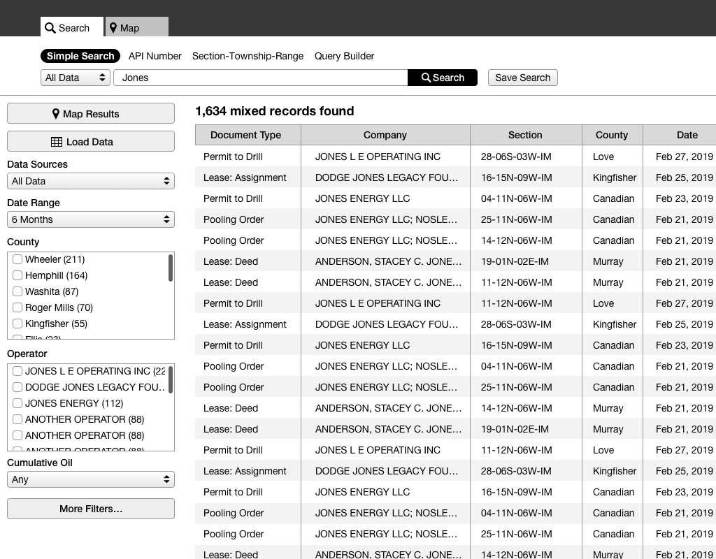 search results table