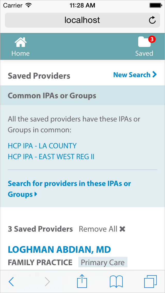 saved provider page on a mobile device